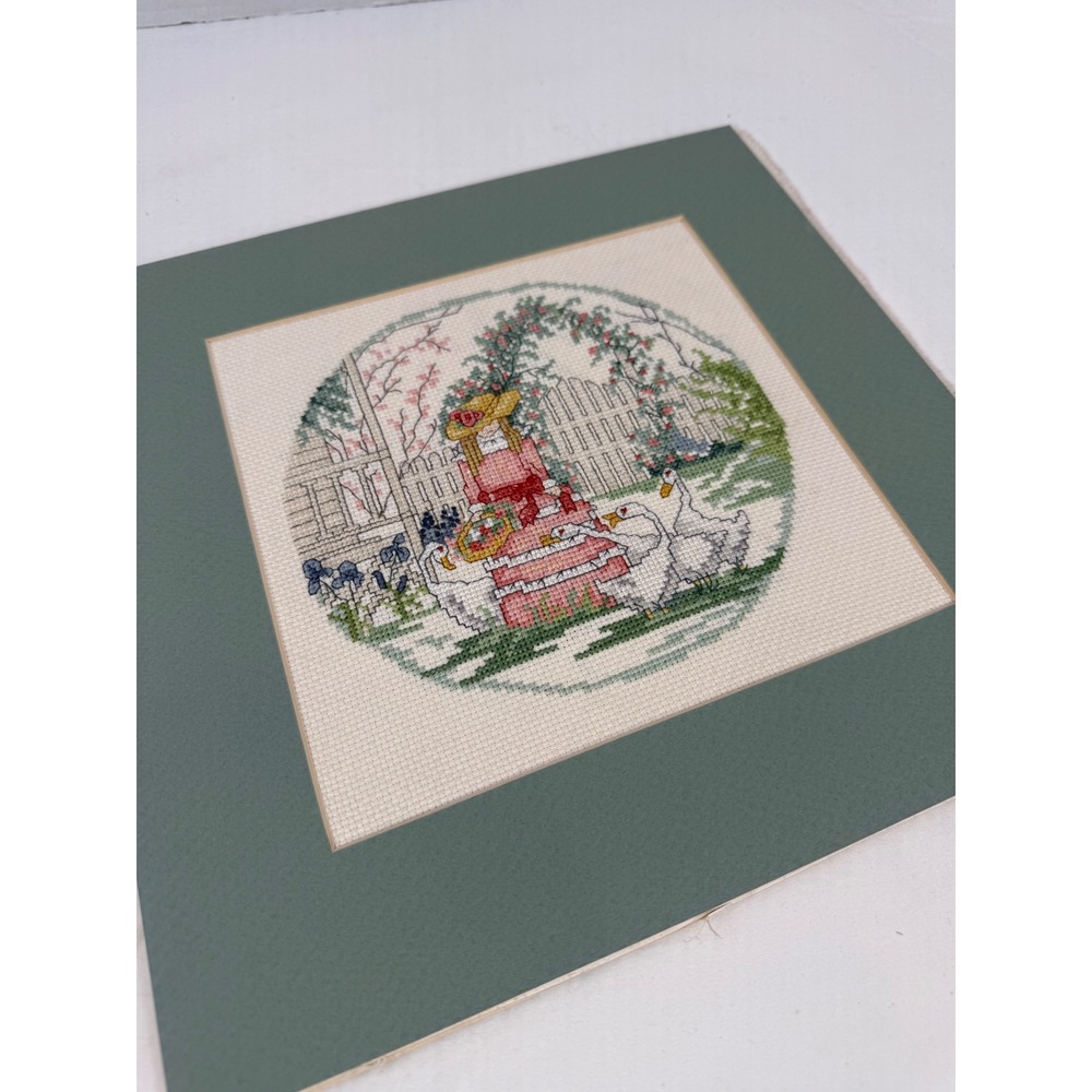 Vintage Finished Cross Stitch Girl with Geese Garden Scene Matted Wall Art - Picture 6 of 6